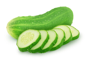 Sliced and whole cucumbers isolated on a white background.