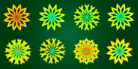 Collection of green flowers floral snowflake icon element decoration ornament stars object isolated abstract background texture wallpaper pattern seamless art design vector illustration EPS10