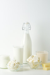 Different milk products: milk, cheese and yoghurt