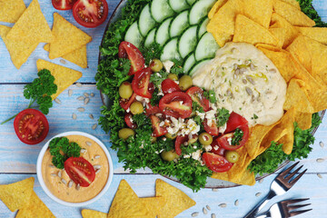 Hummus with vegetables salad and nachos	