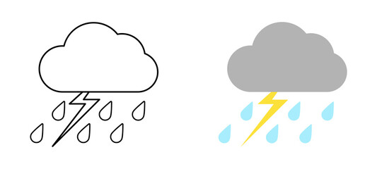 Set with different weather icons. Icons of cloud with lightning and rain on a blue background. Cloudy vector logo. Linear and color logo. 
