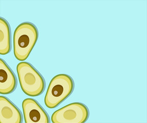 Ripe sliced ​​avocado on a blue background top view. 
Abstract background with avocado.