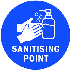 Social distancing concept for preventing coronavirus covid-19 with wash hands icon and wording sanitizing point in white color on blue background