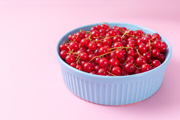 Fresh red currant in wooden bowl on dark table