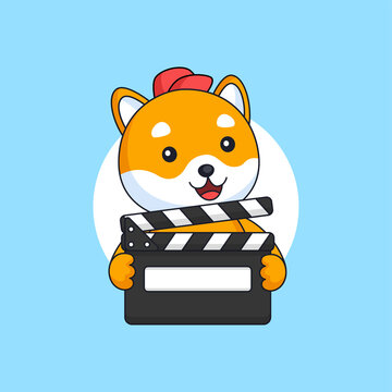 Shiba inu dog holding movie clapper board for film production animal mascot cartoon logo design vector illustration