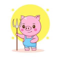 Cute pig as a farmer cartoon character illustration