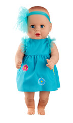 Children's silicone doll of a baby girl in a turquoise dress, with a bow on her head, isolated on a white background.