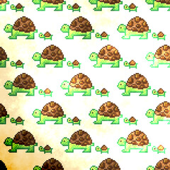 Turtles pattern pixel art. Pixel art turtles pattern. Bright background.