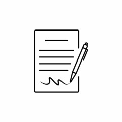Icon of signature with pen on the paper isolated on white background. Pen signing a contract with signature, paper, page, or document. Certificate icon business concept. Simple icon vector design.