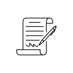 Icon of signature with pen on the paper isolated on white background. Pen signing a contract with signature, paper, page, or document. Certificate icon business concept. Simple icon vector design.