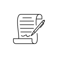 Icon of signature with pen on the paper isolated on white background. Pen signing a contract with signature, paper, page, or document. Certificate icon business concept. Simple icon vector design.