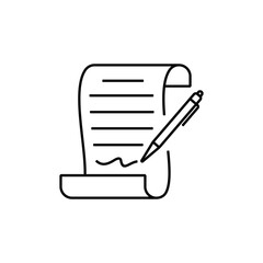 Icon of signature with pen on the paper isolated on white background. Pen signing a contract with signature, paper, page, or document. Certificate icon business concept. Simple icon vector design.