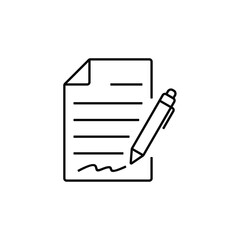 Icon of contract signature with pen on the paper isolated on white background. Simple icon vector design.