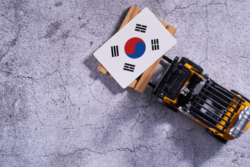 top view of toy forklift with flag on pallet