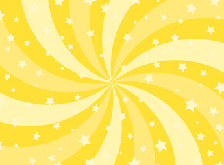 Sunlight horizontal spiral background. Yellow color burst background with shining stars.