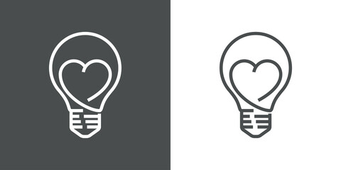 Símbolo I love idea. Logo con bombilla con corazón con lineas en fondo gris y fondo blanco
