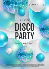 3D abstract background with holographic blue spheres and disco ball spheres. Disco ball background. Disco party poster. Vector illustration