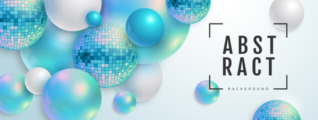 Fototapeta na wymiar 3D abstract background with holographic blue spheres and disco ball spheres. Disco ball background. Disco party poster. Vector illustration