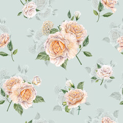 Realistic peach color vintage roses on the light blue-turquoise background. Seamless watercolor pattern. For textile print or wallpaper design, invitations for wedding, card design.