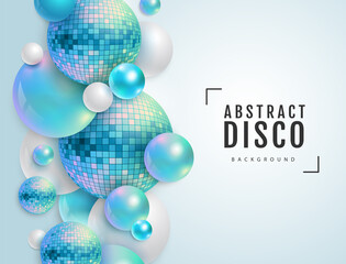 3D abstract background with holographic blue spheres and disco ball spheres. Disco ball background. Disco party poster. Vector illustration