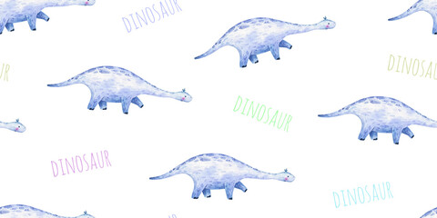 seamless pattern with baby dinosaurs with long neck and footprints, cute baby illustration