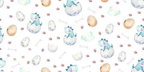 seamless pattern with baby dinosaurs, eggs, footprints, cute childish illustration