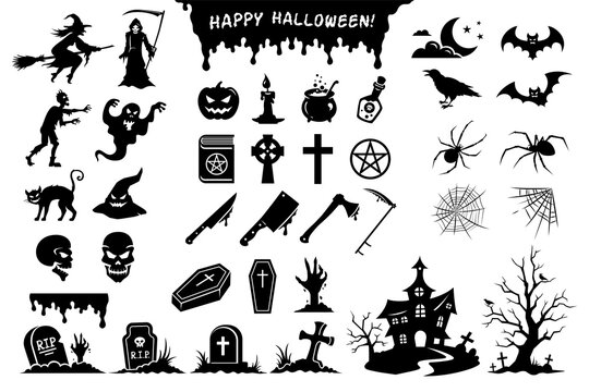 Halloween stickers. Black silhouettes of monsters, objects, elements and symbols in big vector set. Witch, witch house, zombie, pumpkin, ghost, spider, grave, crow, knife, blood, cross, bat, skull