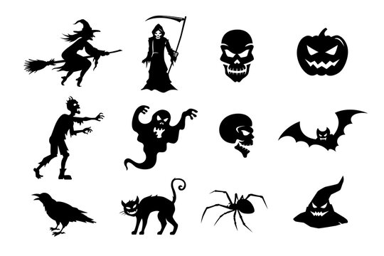 Halloween stickers. Black silhouettes of monsters, objects, elements in big vector set. Witch, zombie, pumpkin, ghost, Grim Reaper, cat, witch's hat, skull, crow, bat and spider isolated on white.