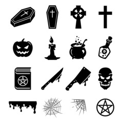 Halloween stickers. Black silhouettes and icons of objects, elements and decorations in vector set. Pumpkin, skull, cross, witch cauldron, pentagram, poison bottle, necronomicon, knife, blood, coffin