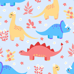 Funny dinosaurs pattern for wrapping paper, textile, fabric, print. Perfect scandinavian vector for nurcery, children wallpaper.