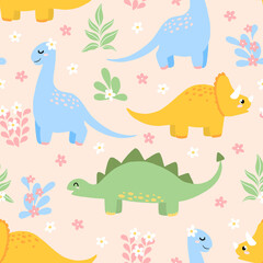 Cute dino pattern with funny characters for nurcery print. Childish repeat vector with dinosaur cartoon on pink background.