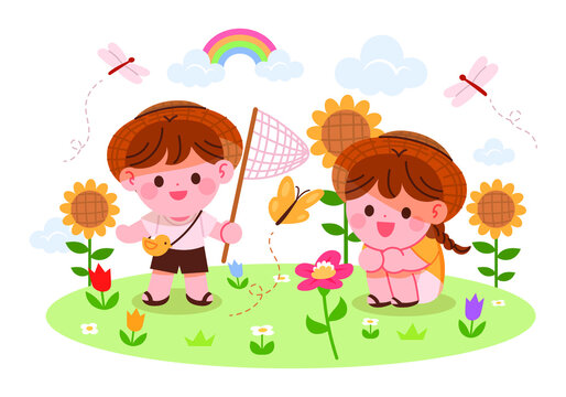A girl and a boy look at butterflies and flowers in a flower garden. Kindergarten nature learning concept vector illustration.
