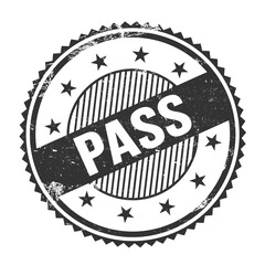 PASS text written on black grungy round stamp.