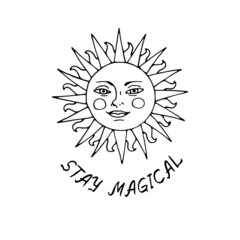 Vintage Mystic Golden Sun Illustration with Lettering Stay Magical