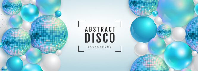 3D abstract background with holographic blue spheres and disco ball spheres. Disco ball background. Disco party poster. Vector illustration