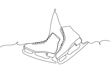 Continuous one line of pair of figure ice skates hanging in silhouette on a white background. Linear stylized.Minimalist. - obrazy, fototapety, plakaty