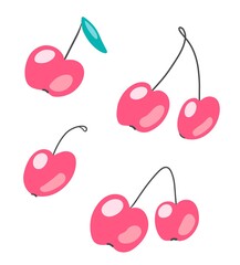 Bright isolated cherry, flat vector illustration. Set of bright pink cherries on a white background.