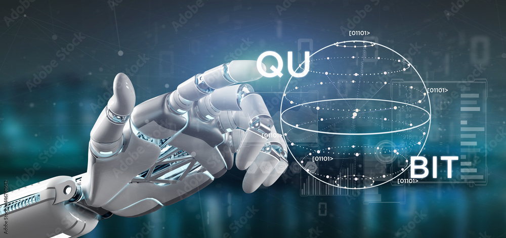 Poster cyborg hand holding quantum computing concept with qubit icon 3d rendering