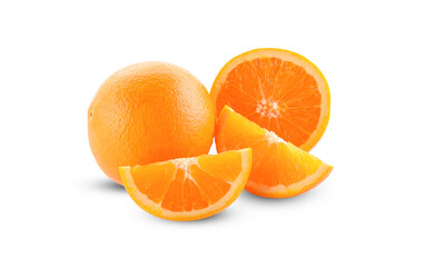 Orange with cut in half isolated on white background.