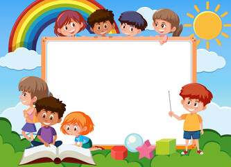 Empty board with many children cartoon character