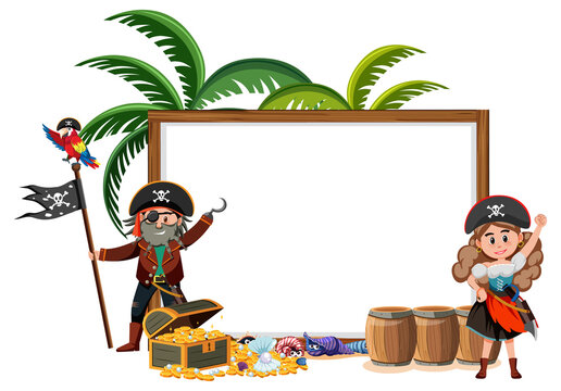 Two pirate cartoon character with blank banner template isolated