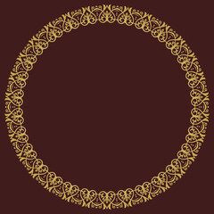 Oriental vector round frame with arabesques and floral elements. Floral golden border with vintage pattern. Greeting card with place for text