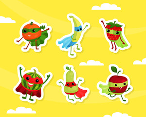 Funny Fruit Hero in Mask and Cloak Rushing to Rescue Vector Sticker Set