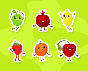 Obraz premium Funny Humanized Fruit Waving Hand and Jumping Sticker Vector Set
