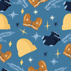 Winter seamless pattern with winter elements, knitted hat, mittens, socks, fir branch, stars, cozy and cute pattern, cartoon and simple style, hygge, blue background, vector