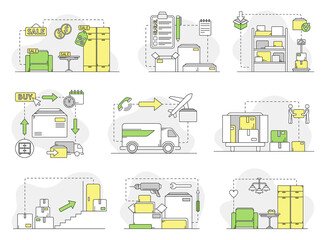 Furniture Buying, Delivery and Assembling Line Vector Set