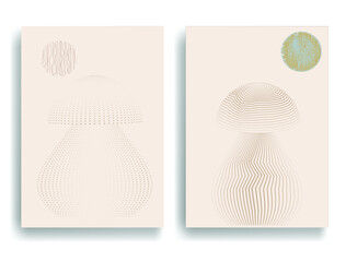 Modern poster with minimalist design elements in Boho style  . Mushrooms .Wall art , home deco . Vector abstract shape.