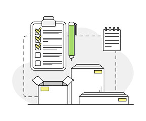 Furniture Items Delivery in Cardboard Box with Check List Line Vector Illustration