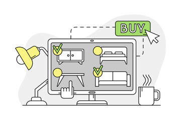 Furniture Buying with Internet Store and Items Line Vector Illustration