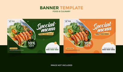 Social Media banner template post for food, restaurant and culinary, green and orange background color 